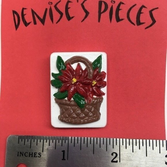 Poinsettia Christmas Pin Brooch Plaster Handcrafted Basket Red Green White Brown - Picture 2 of 2